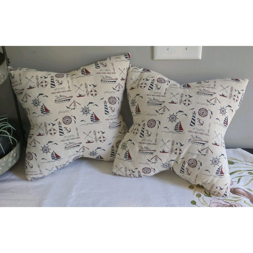 VTG Pair of Nautical Sailing Pillows 12" x 12" Tucked Star Shape Coastal Decor